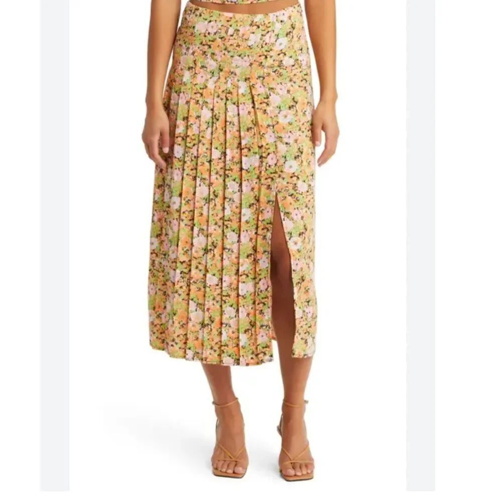 Open Edit Pleated Midi Skirt Orange Multi Meadow Floral Size Medium